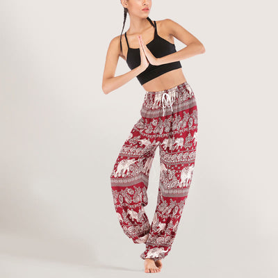 Olivenorma Yogahose mit ethnischem Elefantenmotiv, Viskose, Haremshose für Damen mit elastischer Taille