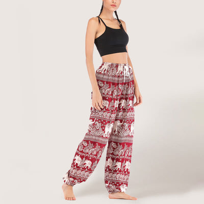 Olivenorma Yogahose mit ethnischem Elefantenmotiv, Viskose, Haremshose für Damen mit elastischer Taille