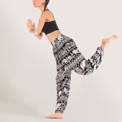 Olivenorma Yogahose mit ethnischem Elefantenmotiv, Viskose, Haremshose für Damen mit elastischer Taille