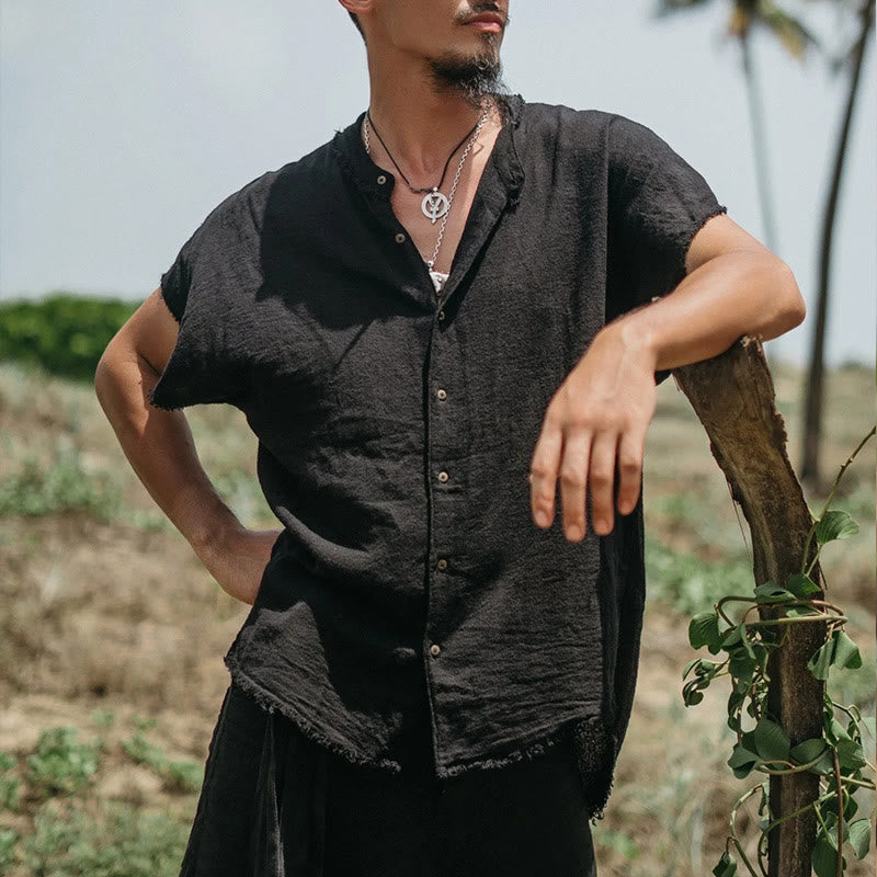Olivenorma Herren-Hemden mit einfarbigem, lässigem Button-Down-Shirt und kurzen Ärmeln für den Sommer - Schwarz - 3XL - image 2