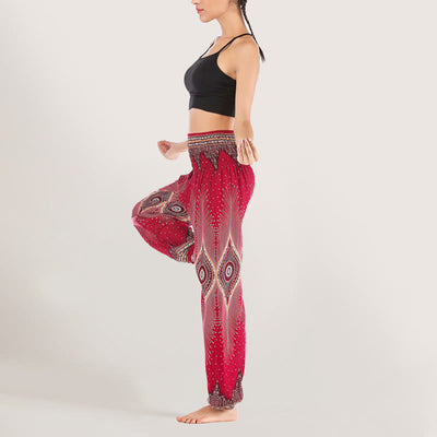 Olivenorma Boho Mandala Viskose Damen Haremshose mit elastischer Taille