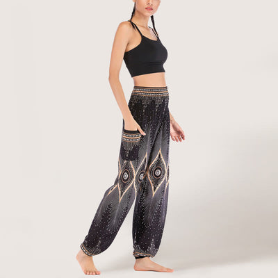 Olivenorma Boho Mandala Viskose Damen Haremshose mit elastischer Taille