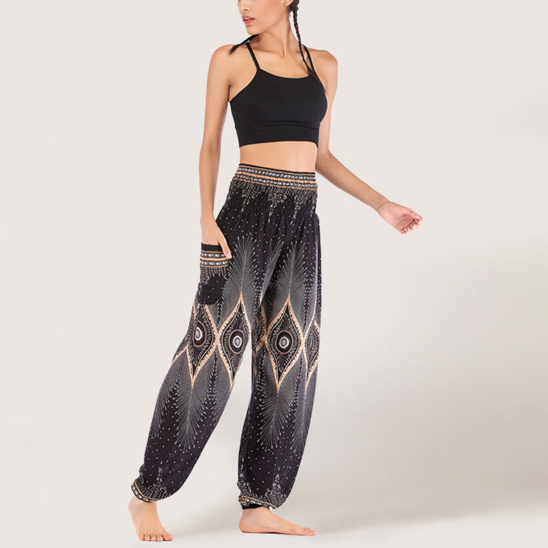 Olivenorma Boho Mandala Viskose Damen Haremshose mit elastischer Taille