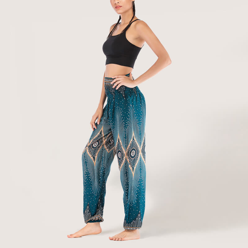 Olivenorma Boho Mandala Viskose Damen Haremshose mit elastischer Taille