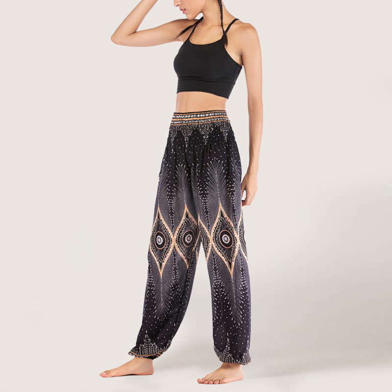 Olivenorma Boho Mandala Viskose Damen Haremshose mit elastischer Taille