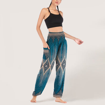 Olivenorma Boho Mandala Viskose Damen Haremshose mit elastischer Taille