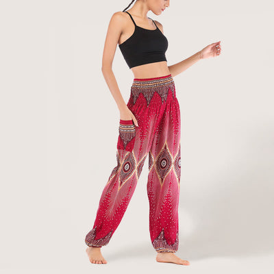 Olivenorma Boho Mandala Viskose Damen Haremshose mit elastischer Taille