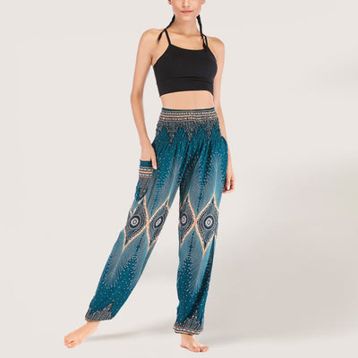 Olivenorma Boho Mandala Viskose Damen Haremshose mit elastischer Taille