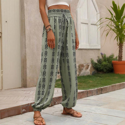 Olivenorma – Haremshose aus Polyester mit fließendem Print