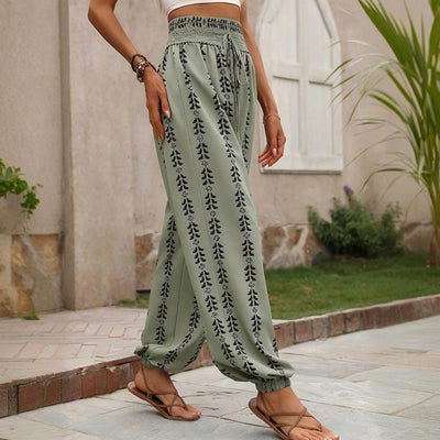 Olivenorma – Haremshose aus Polyester mit fließendem Print