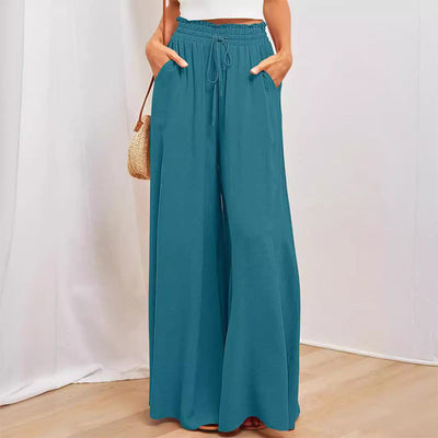 Olivenorma Einfarbige Palazzo-Hose für Damen mit hoher Taille und Taschen - Blaugrün - XXL - image 1