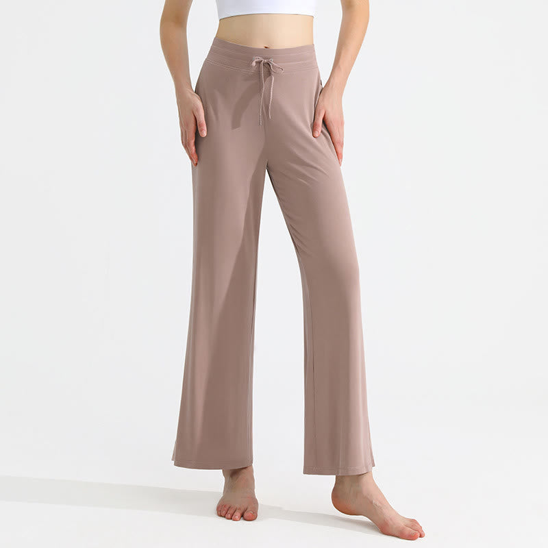 Olivenorma Damen-Yogahose mit geradem Kordelzug und einfarbiger Drapierung