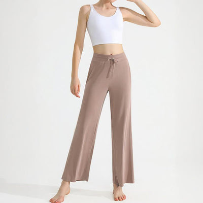 Olivenorma Damen-Yogahose mit geradem Kordelzug und einfarbiger Drapierung