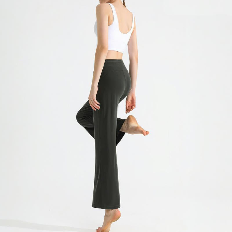 Olivenorma Damen-Yogahose mit geradem Kordelzug und einfarbiger Drapierung