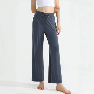 Olivenorma Damen-Yogahose mit geradem Kordelzug und einfarbiger Drapierung