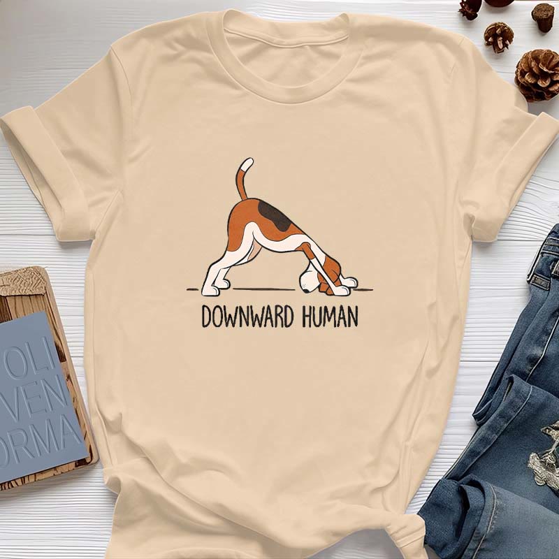 Olivenorma Yoga-T-Shirt mit abwärts gerichtetem Menschenmotiv