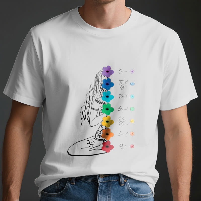 Olivenorma Meditationsmädchen 7 Chakra-Blumen T-Shirt - image 4