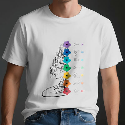 Olivenorma Meditationsmädchen 7 Chakra-Blumen T-Shirt - image 4