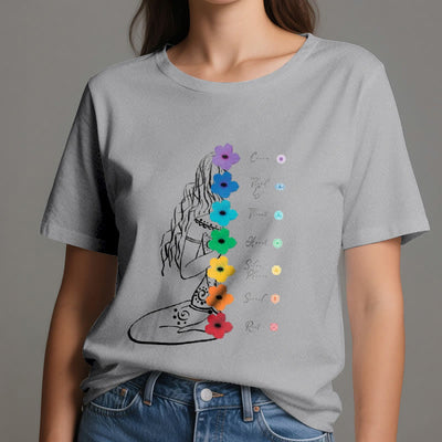 Olivenorma Meditationsmädchen 7 Chakra-Blumen T-Shirt - image 9