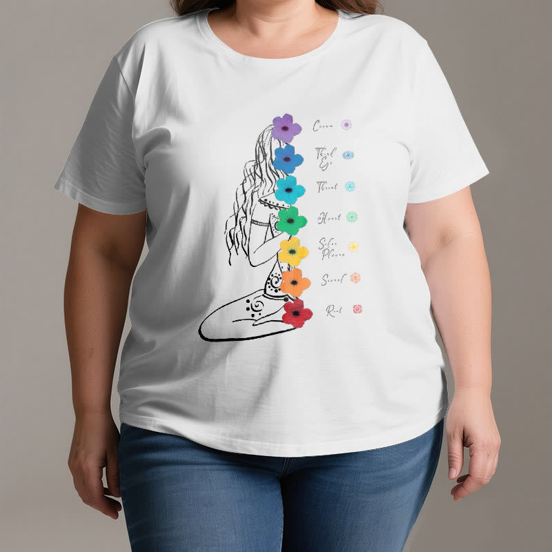 Olivenorma Meditationsmädchen 7 Chakra-Blumen T-Shirt - image 3