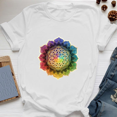 Olivenorma 7 Chakra Medala Blume des Lebens Baumwoll-T-Shirt - Weiß - 2XL - image 1