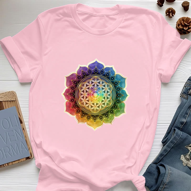 Olivenorma 7 Chakra Medala Blume des Lebens Baumwoll-T-Shirt - Rosa - 2XL - image 14