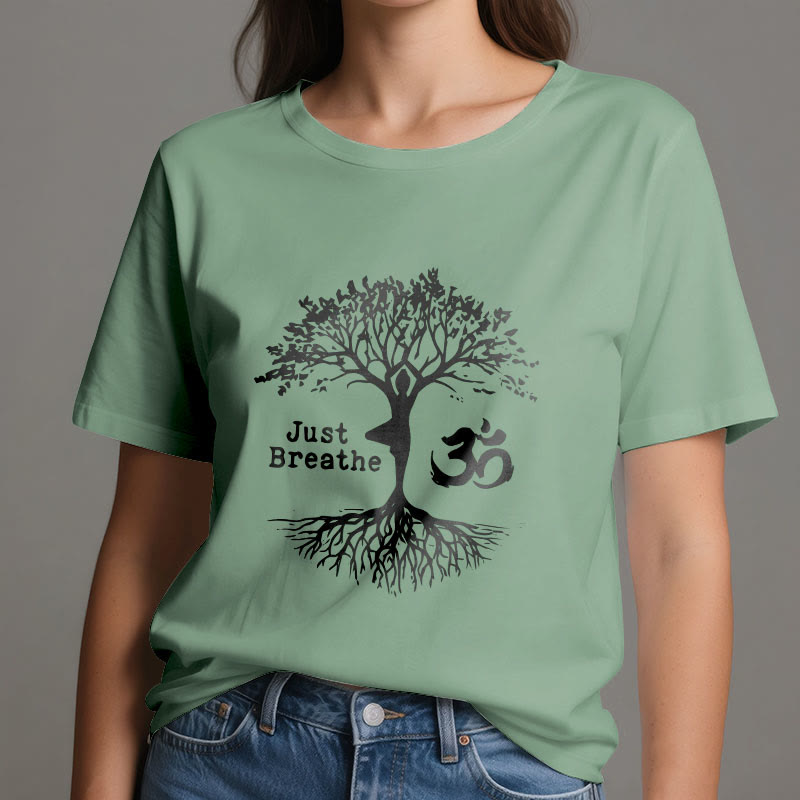 Olivenorma "JUST BREATHE" Yoga Baum OM Symbol Spirituelles T-Shirt - image 2