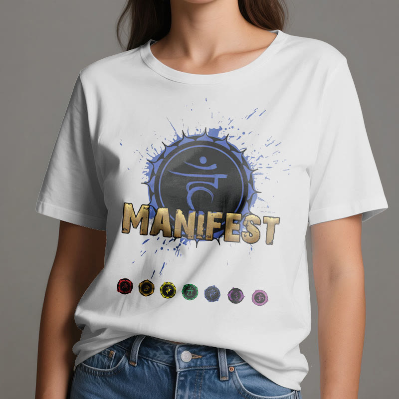 Olivenorma Unisex "MANIFEST" Halschakra Kurzärmeliges T-Shirt