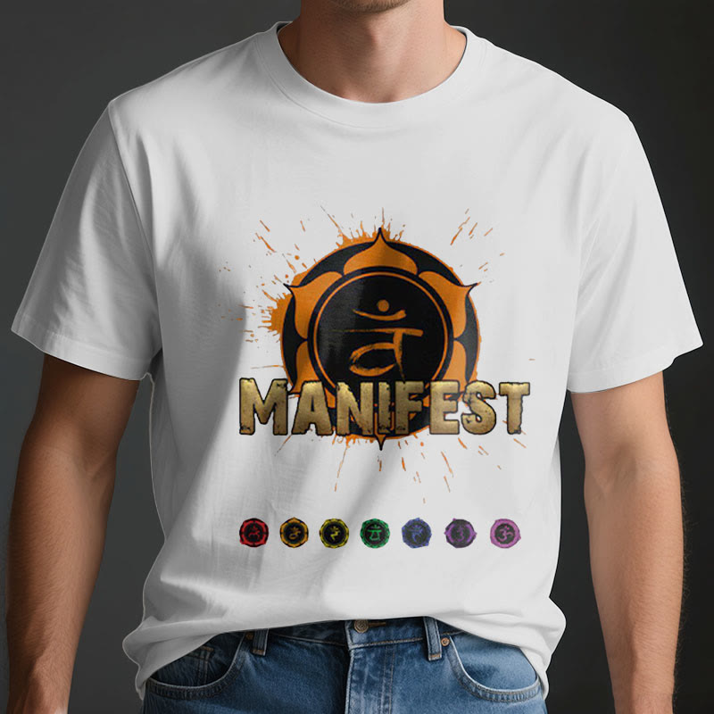 Olivenorma Unisex "MANIFEST" Halschakra Kurzärmeliges T-Shirt