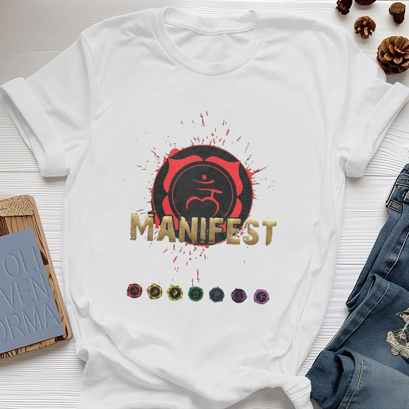 Olivenorma Unisex "MANIFEST" Halschakra Kurzärmeliges T-Shirt