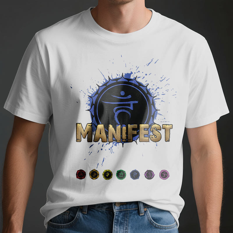 Olivenorma Unisex "MANIFEST" Halschakra Kurzärmeliges T-Shirt