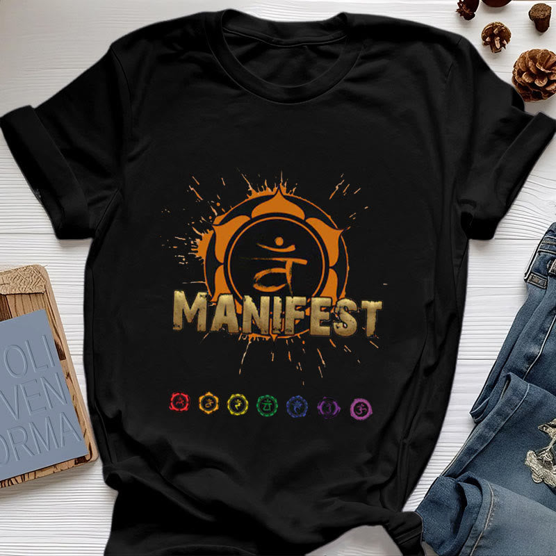 Olivenorma Unisex "MANIFEST" Halschakra Kurzärmeliges T-Shirt