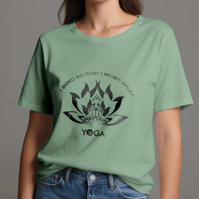 Olivenorma Yoga-T-Shirt „Ich beuge mich, damit ich nicht breche“