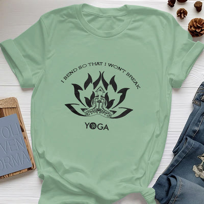 Olivenorma Yoga-T-Shirt „Ich beuge mich, damit ich nicht breche“