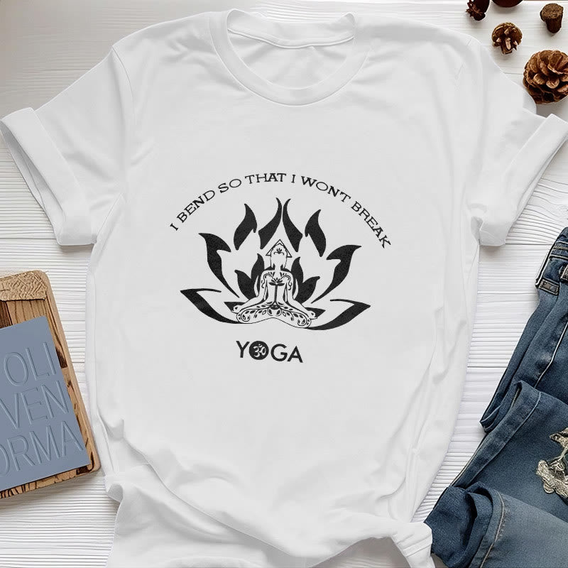 Olivenorma Yoga-T-Shirt „Ich beuge mich, damit ich nicht breche“
