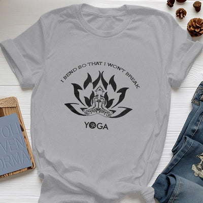 Olivenorma Yoga-T-Shirt „Ich beuge mich, damit ich nicht breche“