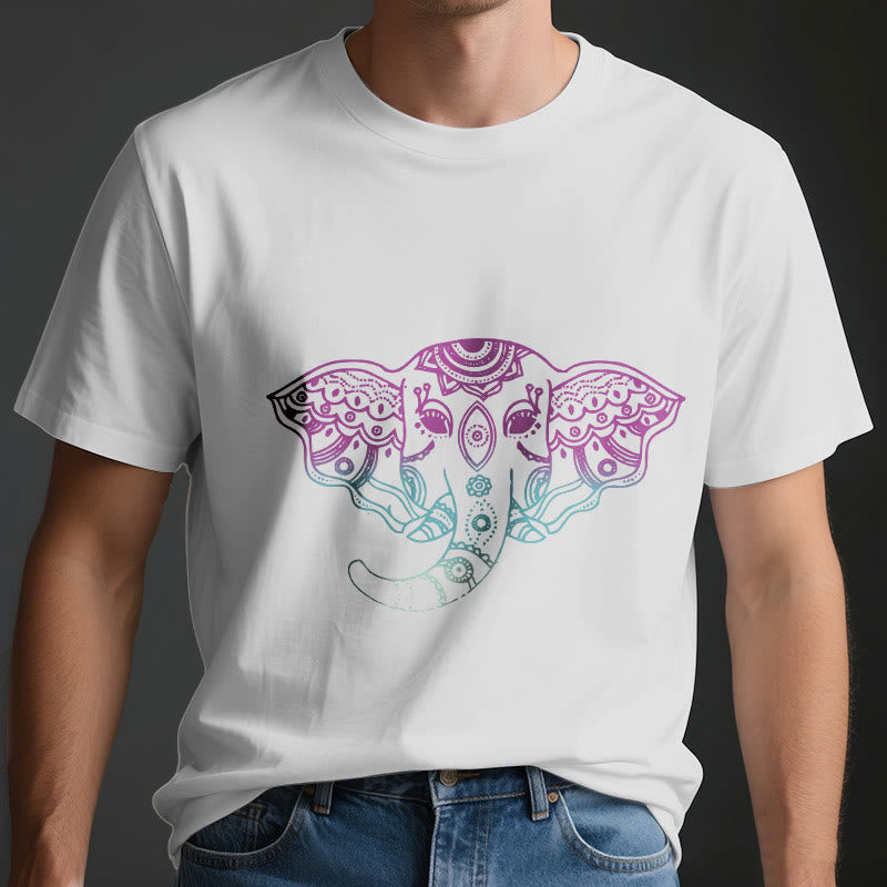 Olivenorma – Baumwoll-T-Shirt mit mystischem Elefanten-Mandala