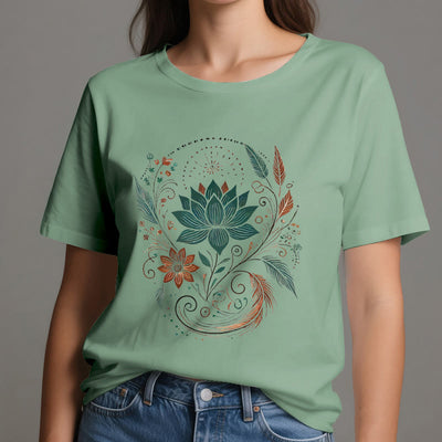 Olivenorma Yoga-T-Shirt aus Baumwolle mit Lotusblüten und Blättern - image 19