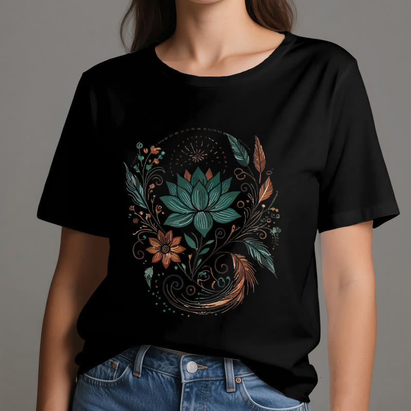 Olivenorma Yoga-T-Shirt aus Baumwolle mit Lotusblüten und Blättern - image 9