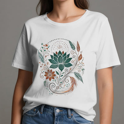 Olivenorma Yoga-T-Shirt aus Baumwolle mit Lotusblüten und Blättern - image 7
