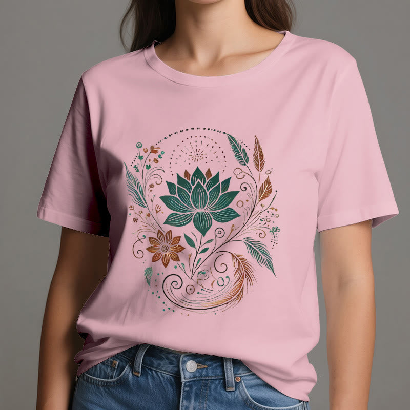 Olivenorma Yoga-T-Shirt aus Baumwolle mit Lotusblüten und Blättern - image 15