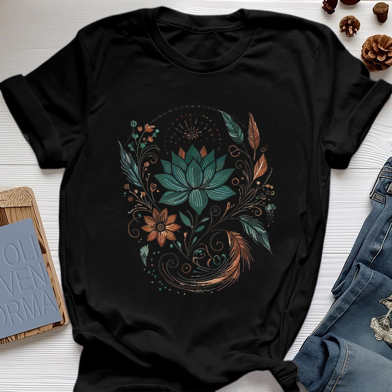 Olivenorma Yoga-T-Shirt aus Baumwolle mit Lotusblüten und Blättern - Schwarz - 2XL - image 8