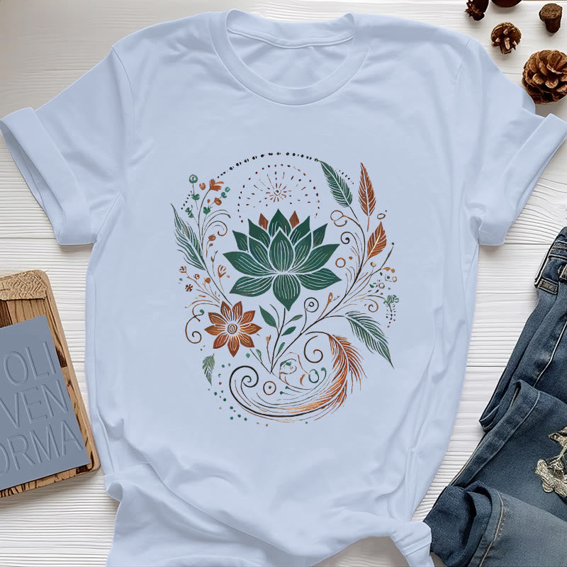 Olivenorma Yoga-T-Shirt aus Baumwolle mit Lotusblüten und Blättern - Blau - 2XL - image 1