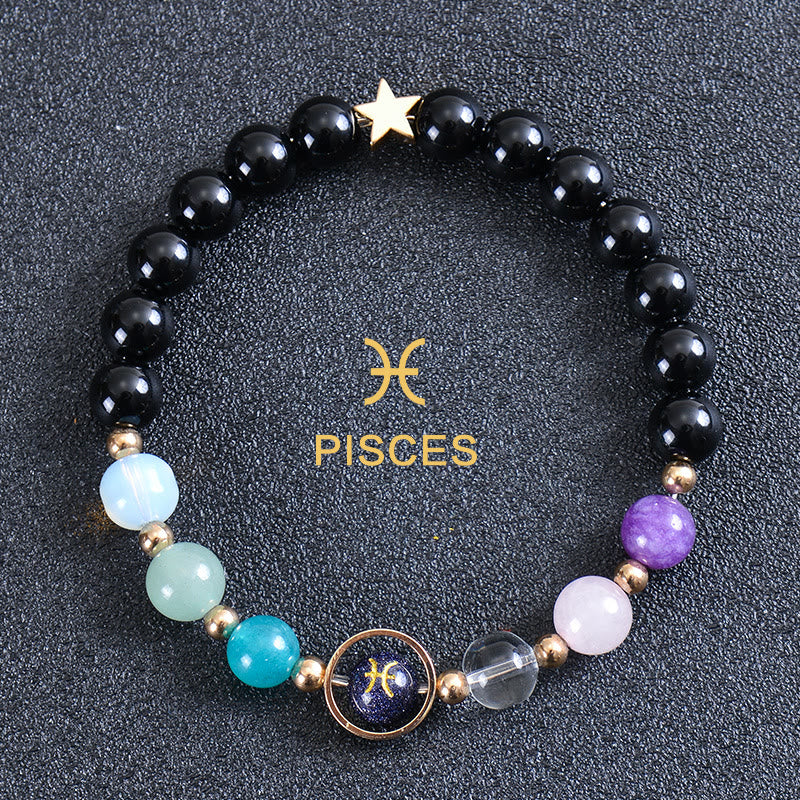 Olivenorma Edelsteinarmband mit zwölf Sternbildern und acht Planeten - Runder Obsidian - Fische - image 51