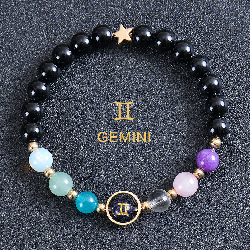 Olivenorma Edelsteinarmband mit zwölf Sternbildern und acht Planeten - Runder Obsidian - Zwillinge - image 42