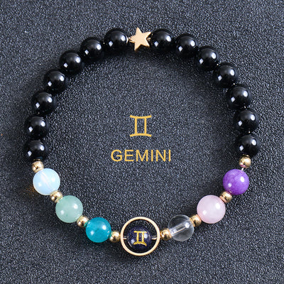 Olivenorma Edelsteinarmband mit zwölf Sternbildern und acht Planeten - Runder Obsidian - Zwillinge - image 42