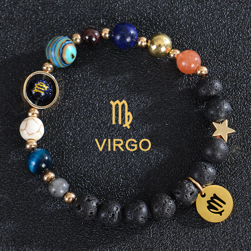 Olivenorma Edelsteinarmband mit zwölf Sternbildern und acht Planeten - Lavastein - Jungfrau - image 21