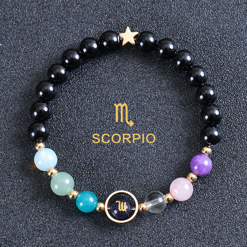 Olivenorma Edelsteinarmband mit zwölf Sternbildern und acht Planeten - Runder Obsidian - Skorpion - image 47