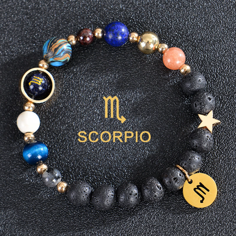 Olivenorma Edelsteinarmband mit zwölf Sternbildern und acht Planeten - Lavastein - Skorpion - image 23