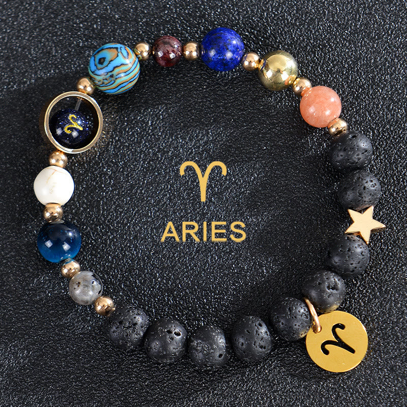 Olivenorma Edelsteinarmband mit zwölf Sternbildern und acht Planeten - Lavastein - Widder - image 16